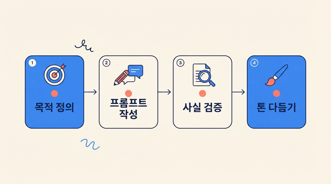 AI 블로그 글쓰기 4단계 워크플로우: 목적 정의, 프롬프트 작성, 사실 검증, 톤 다듬기