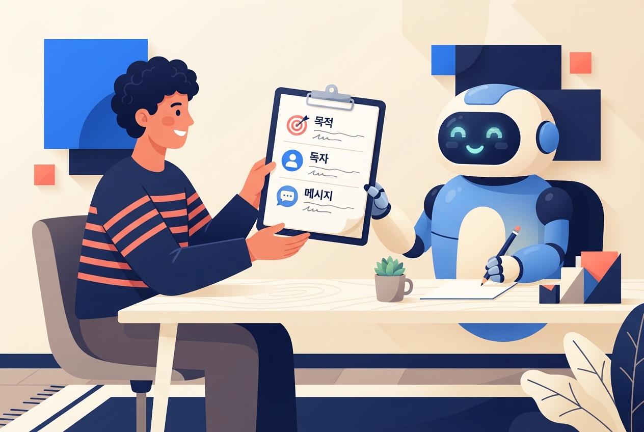 목적·독자·메시지를 정리한 브리핑 문서를 AI 로봇에게 전달하는 일러스트