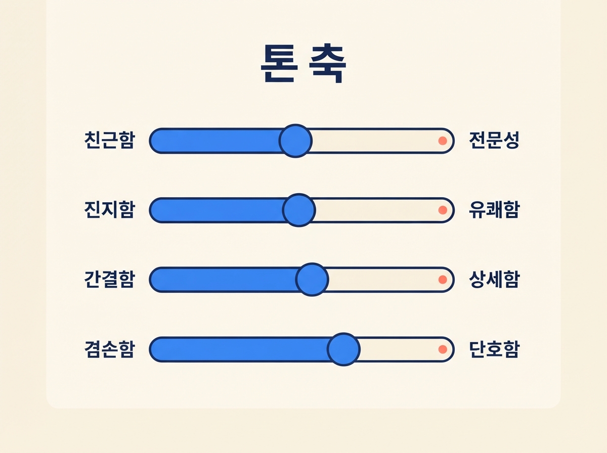 친근함-전문성 등 4개 톤 축을 슬라이더로 표현한 인포그래픽