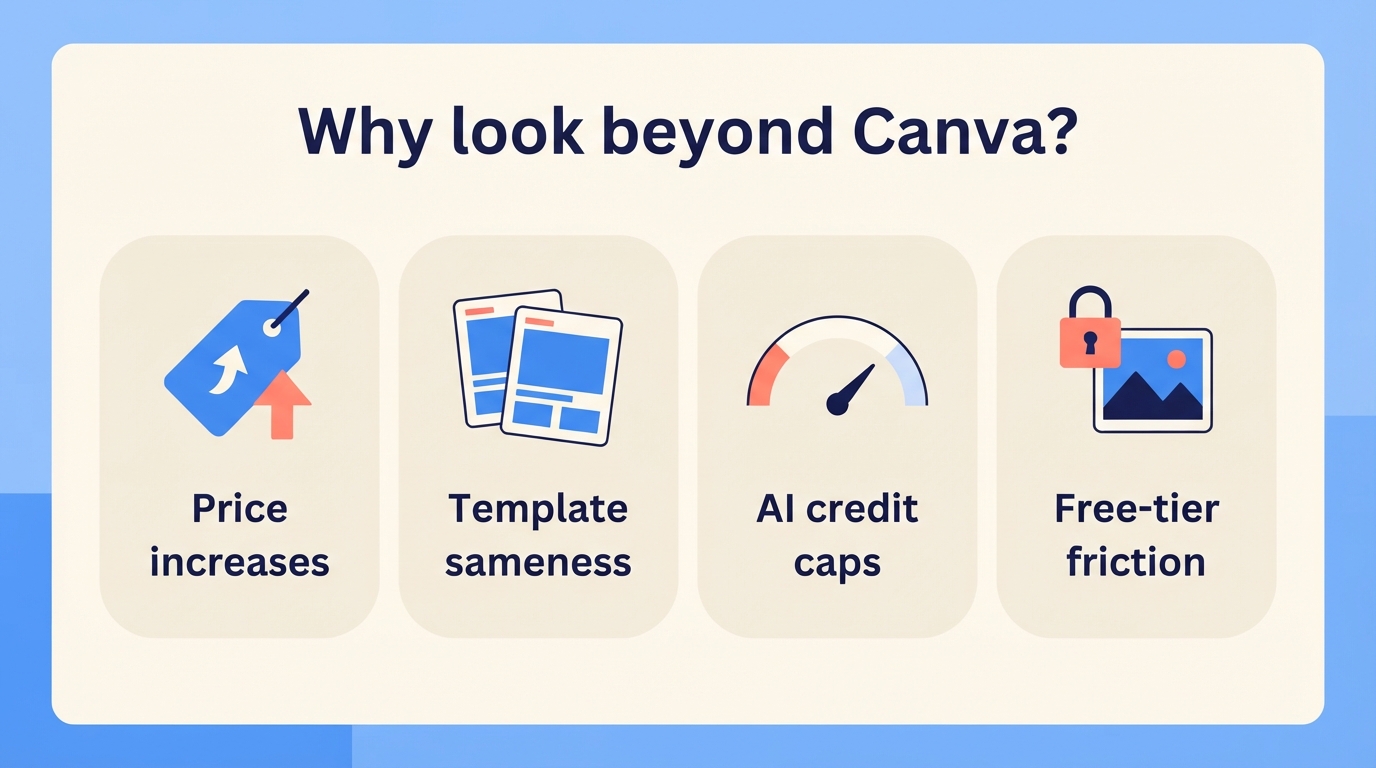 Infographic showing four reasons people look for Canva alternatives: price increases, template sameness, AI credit caps, and free-tier friction