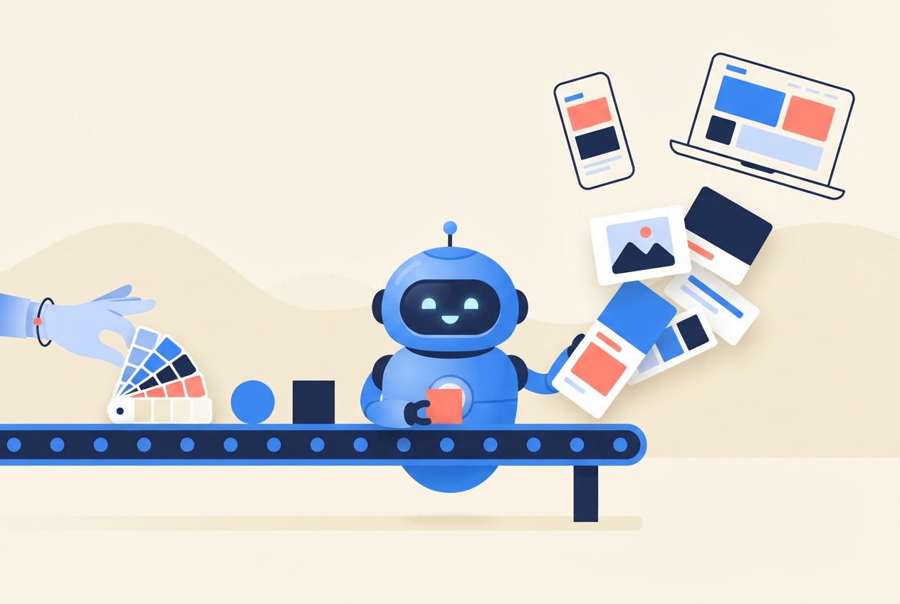 Illustration of an AI marketing content generator turning brand colors into finished social posts, blog drafts, and banners