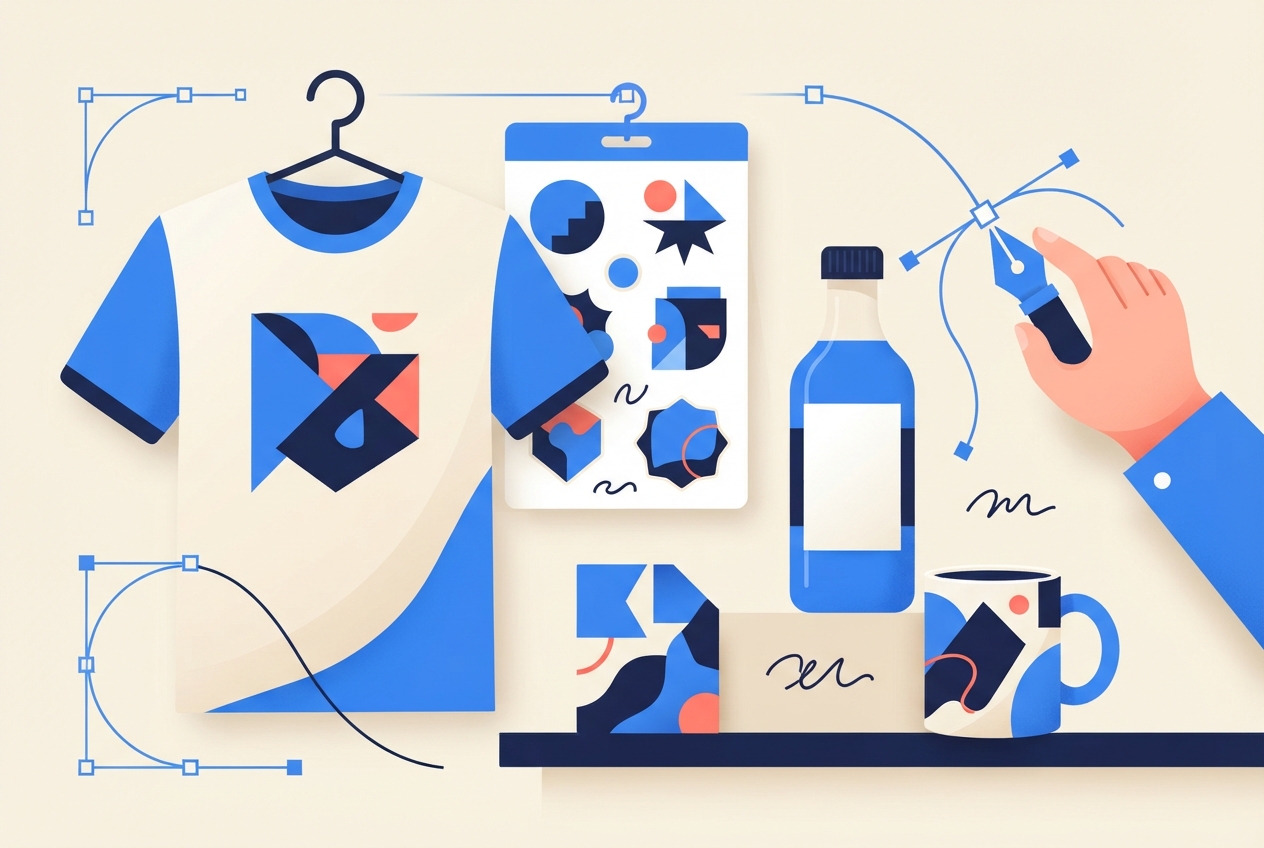 Flat illustration of print-on-demand design with a t-shirt, stickers, mug, and vector pen tool paths