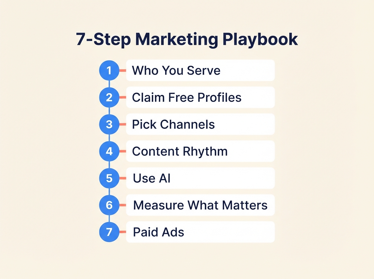 Infographic listing the 7-step small business marketing playbook: who you serve, claim free profiles, pick channels, content rhythm, use AI, measure what matters, and paid ads