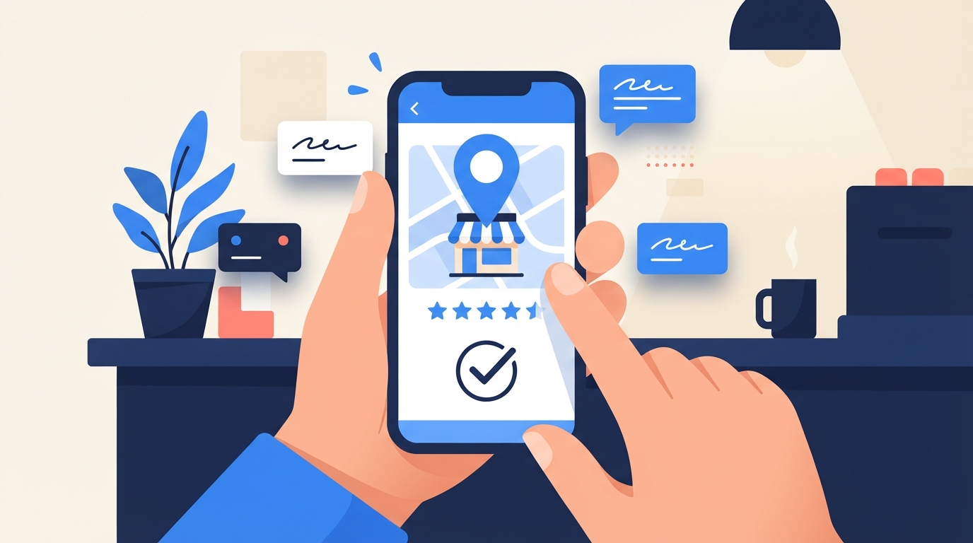 Illustration of a small business owner claiming a local business profile on a smartphone, showing a map pin over a storefront, review stars, and a confirmation checkmark
