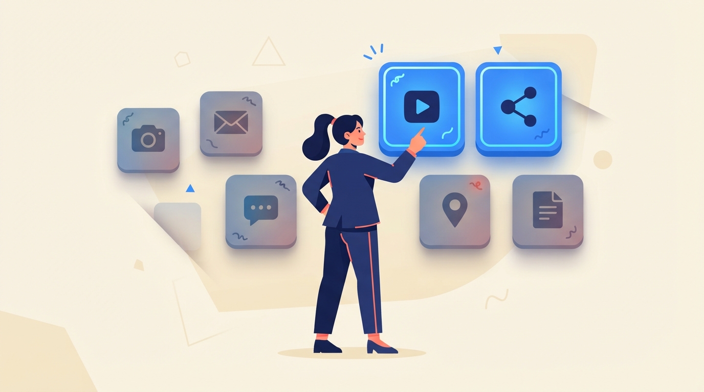 Illustration of a small business owner choosing two highlighted marketing channel tiles while the remaining channel options stay dimmed in the background