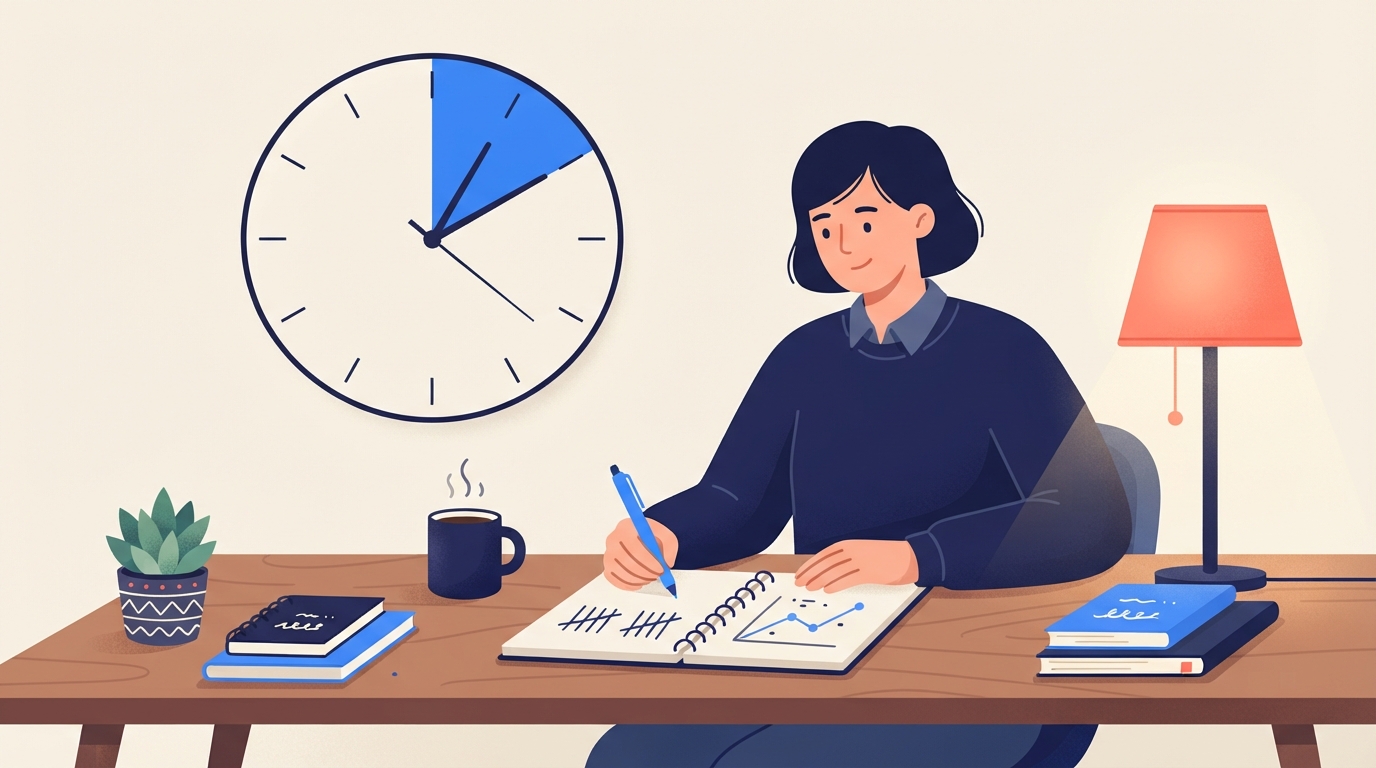 Illustration of a business owner doing a short monthly marketing review at a desk, writing tally marks and a simple chart in a notebook next to a clock highlighting a small slice of time