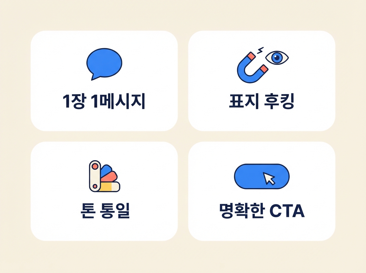 인스타그램 카드뉴스 4대 원칙 인포그래픽: 1장 1메시지, 표지 후킹, 톤 통일, 명확한 CTA
