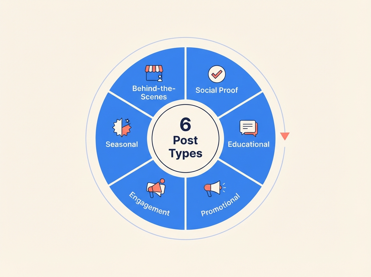 Infographic wheel showing six rotating social media post types for small businesses: behind-the-scenes, social proof, educational, promotional, engagement, and seasonal