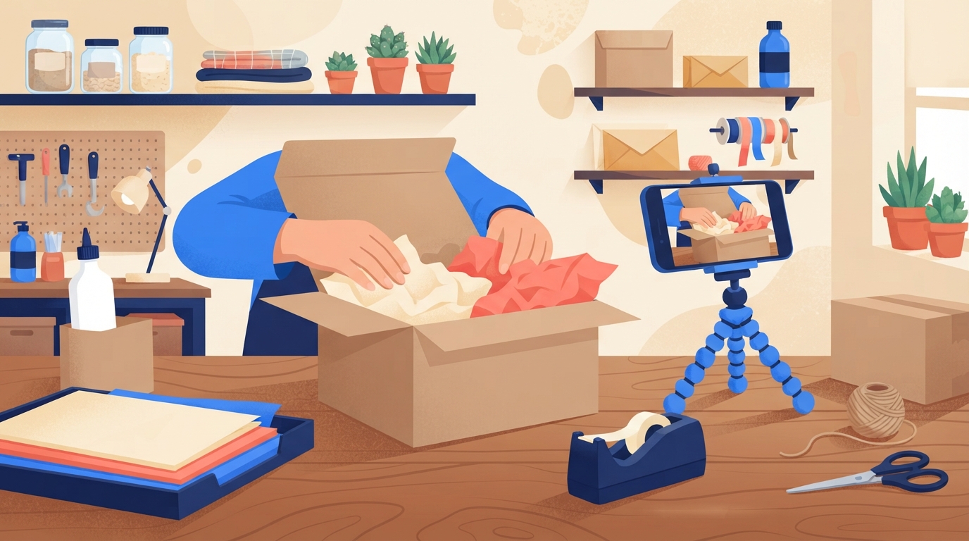 Illustration of a small business owner filming a behind-the-scenes video of packing an order, with a smartphone recording on a small tripod