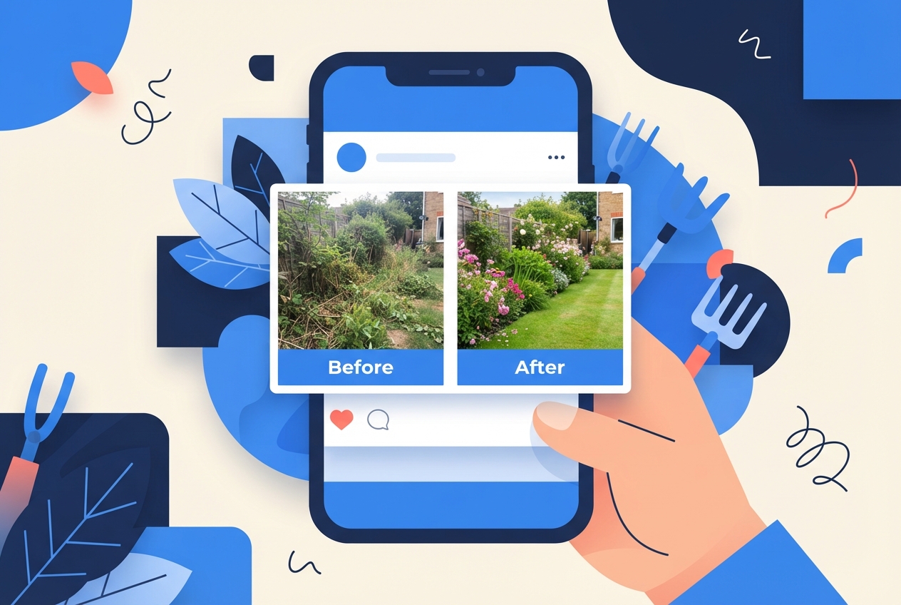 Illustration of a smartphone showing a landscaping business's before-and-after social media post, with an overgrown garden labeled Before and a tidy flowering garden labeled After