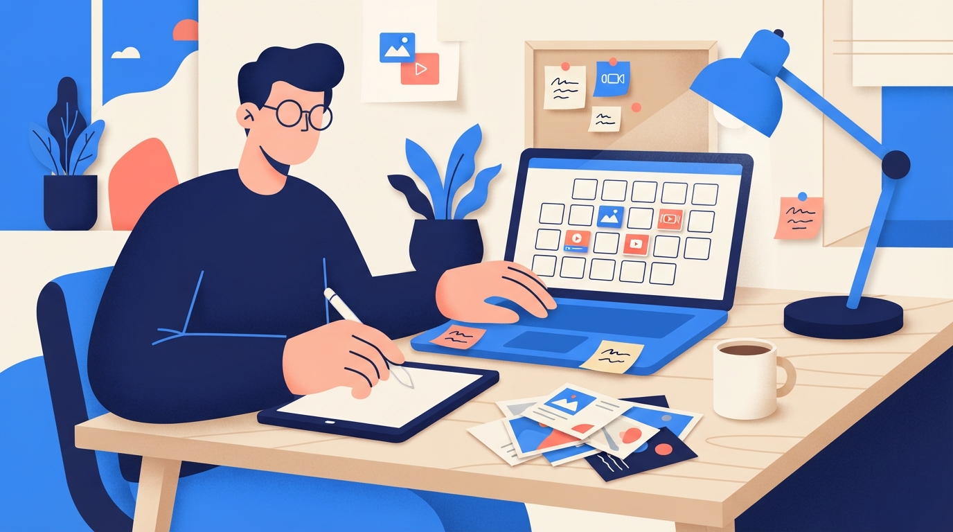 Illustration of a business owner batch-scheduling a month of social media posts on a laptop calendar in one sitting